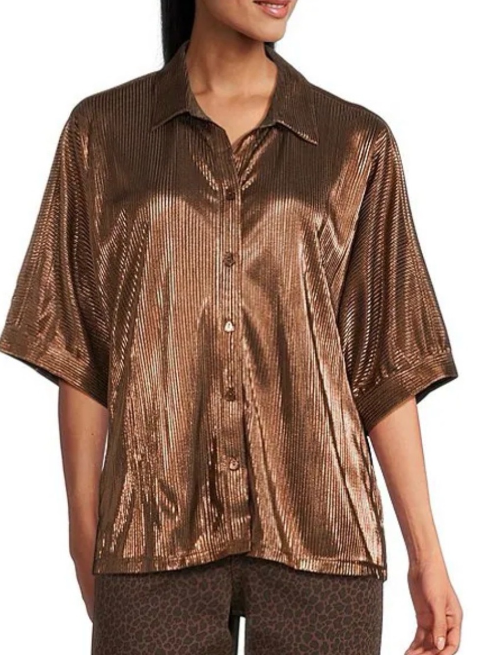 John Mark, Med, Metallic Bronze Short-Sleeve Button Front Top. NWT